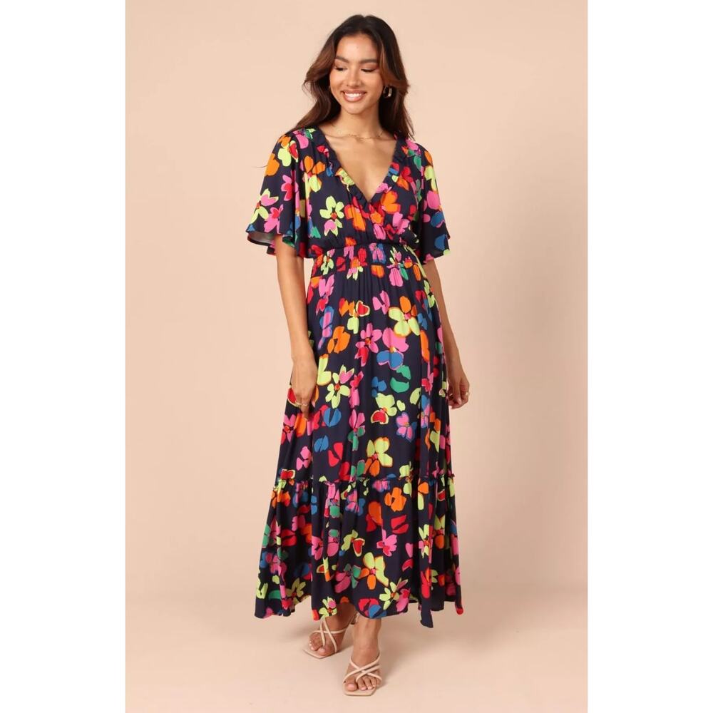 Petal & Pup Women's Tibi Frill Neckline Maxi Dress Neon Floral Navy Size M